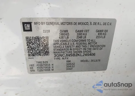 2019 Chevrolet Trax Ls из США, поврежденный, VIN 3GNCJNSB2KL246406